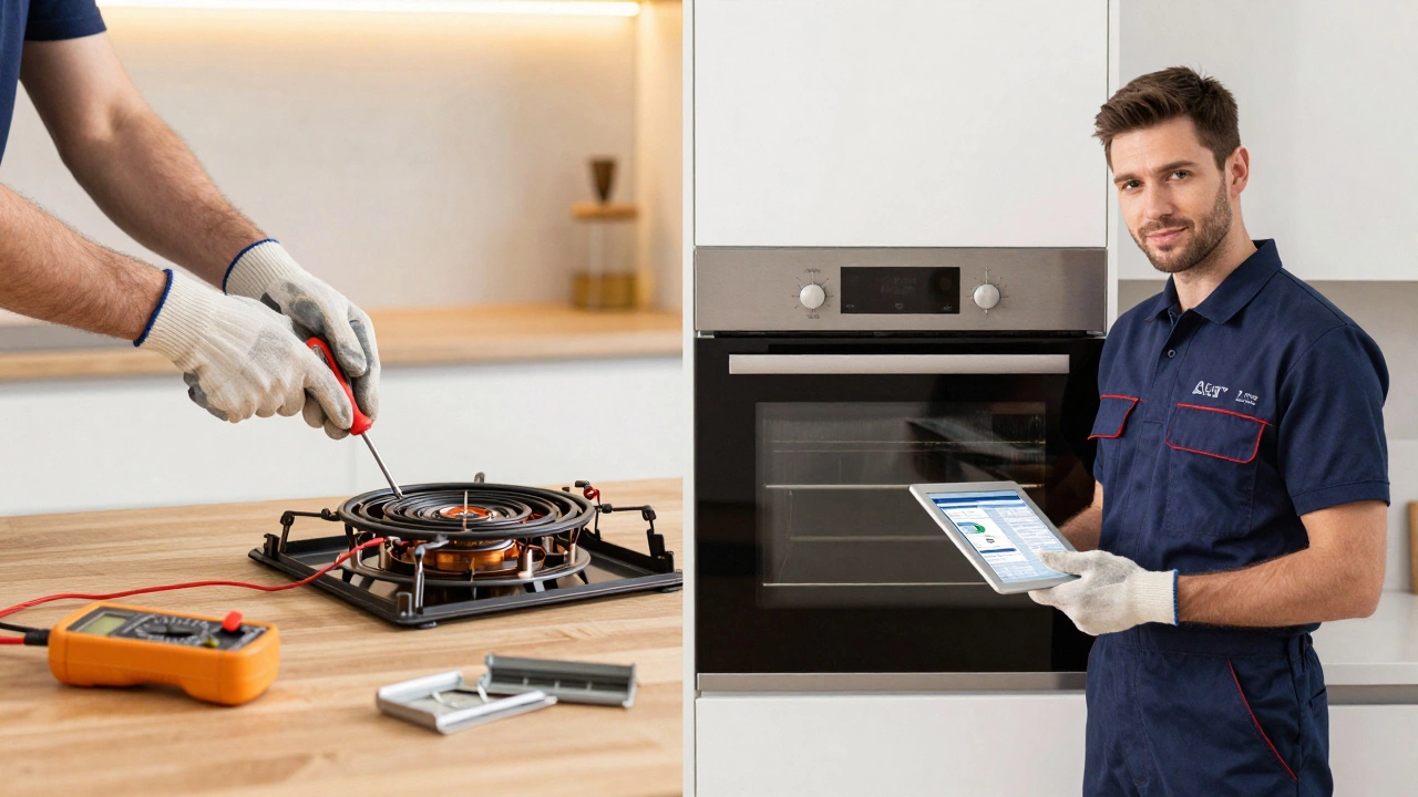 Split view comparing DIY oven repair tools with a professional technician inspecting an appliance.