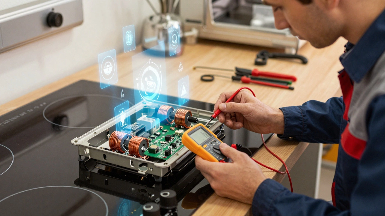 Technician inspecting internal components of an induction cooktop