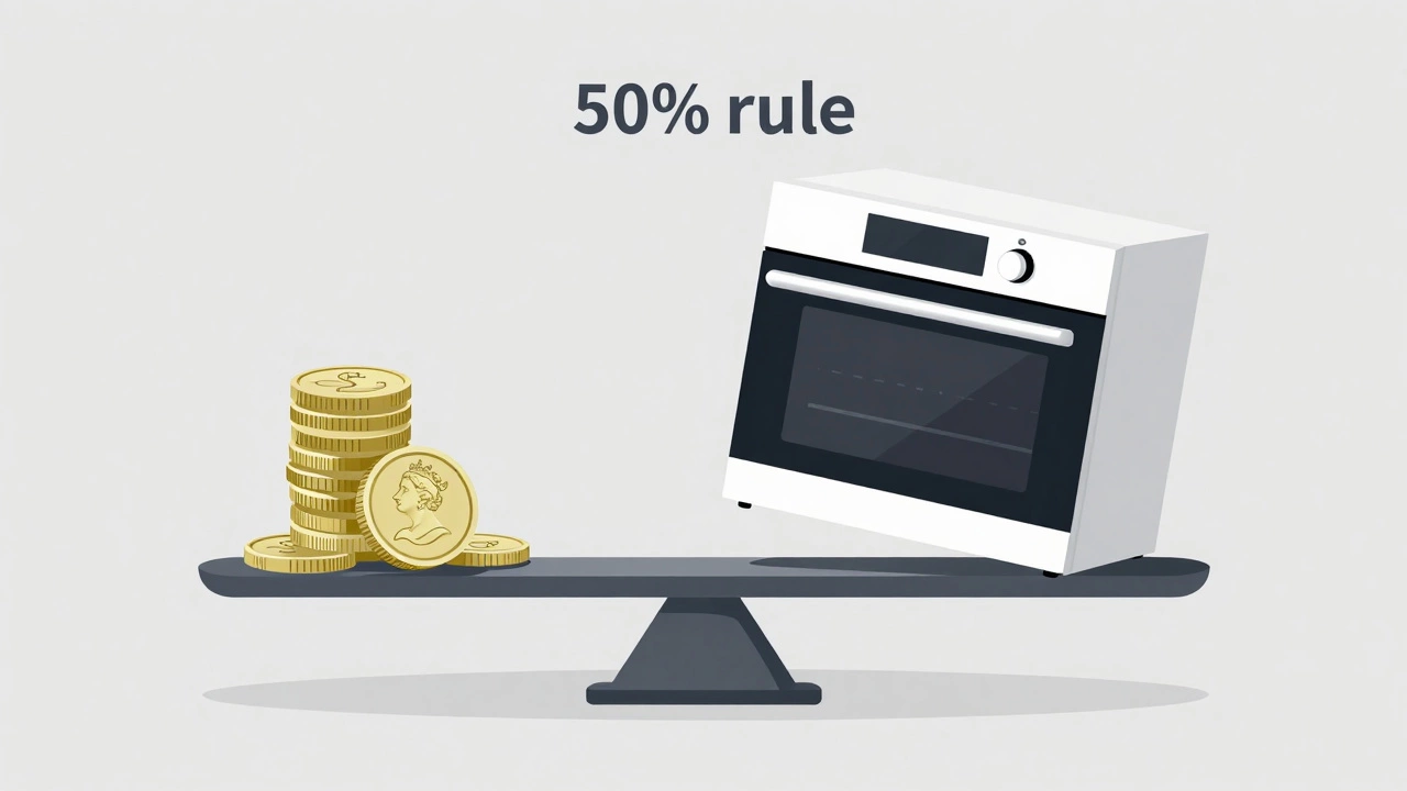 Balance scale comparing repair costs to a new oven purchase