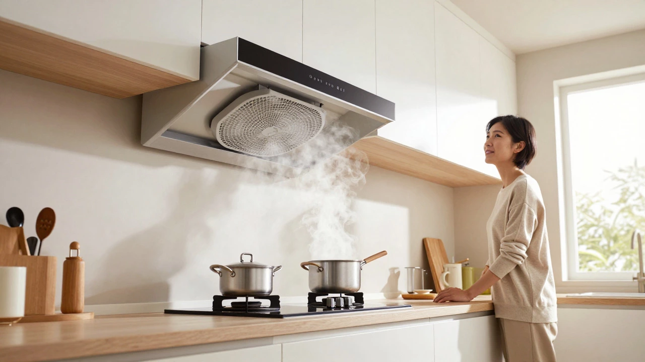 Clean kitchen with working extractor fan removing steam