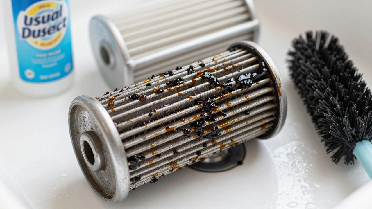 Clogged grease filter next to degreaser and clean filter