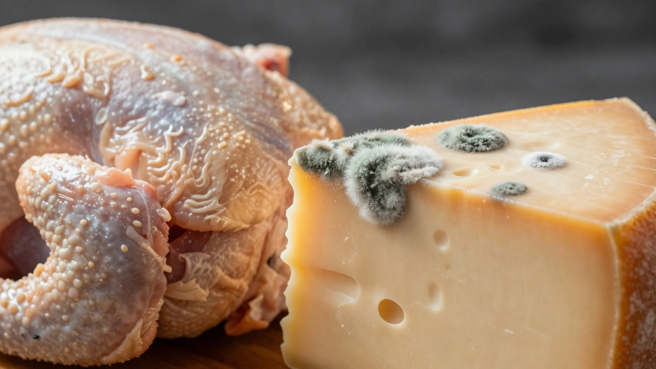Close up of spoiled meat and moldy cheese showing signs of decay