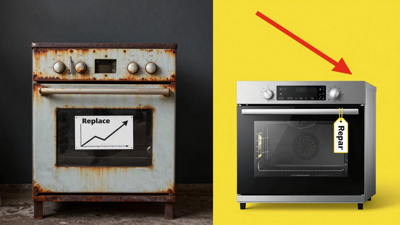Comparison graphic showing costs of repairing vs replacing oven