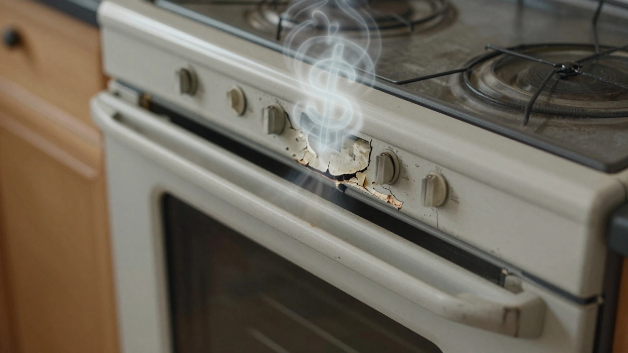 Cracked oven door seal leaking heat, symbolizing energy waste