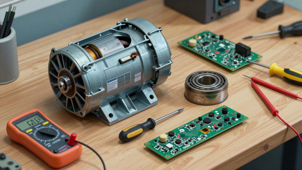 Disassembled fan motor parts and tools on workbench