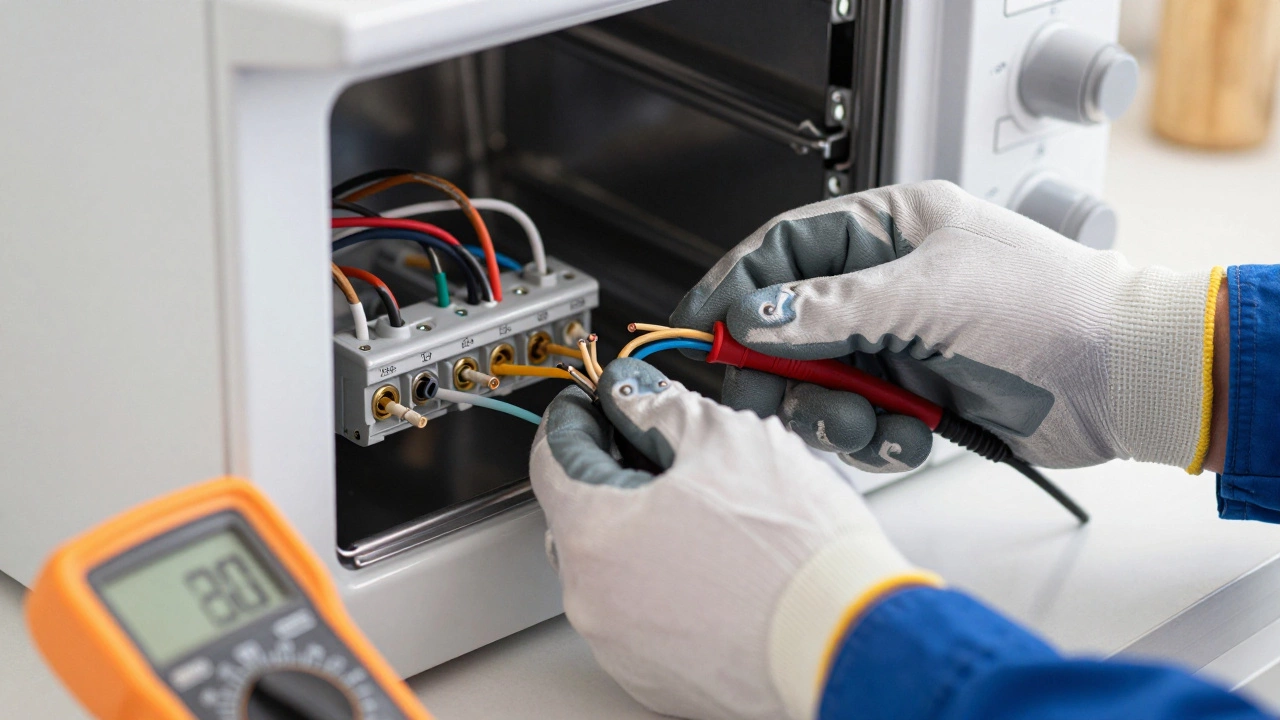 Electrician safely wiring an oven terminal block