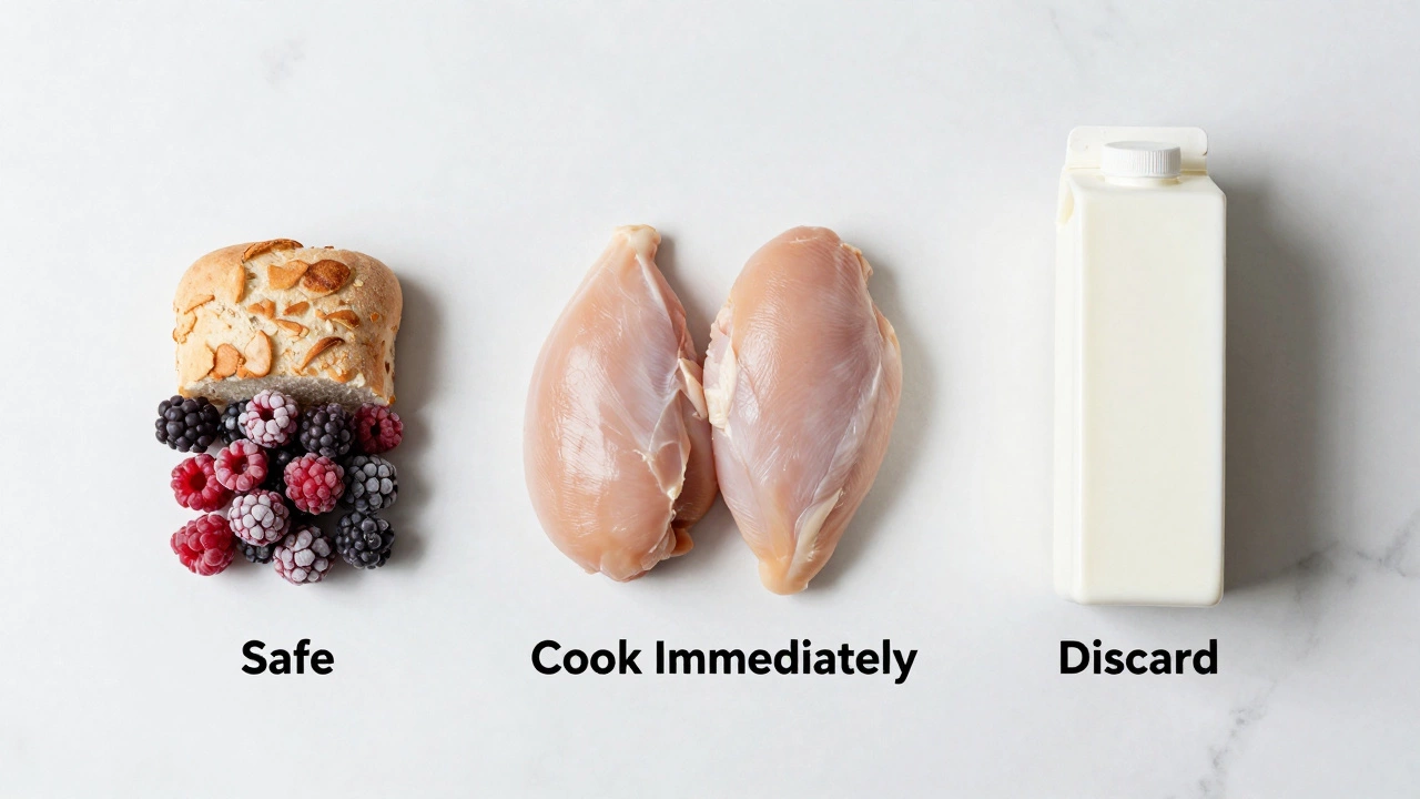 Flat lay of food categorized into safe, cook now, and discard groups