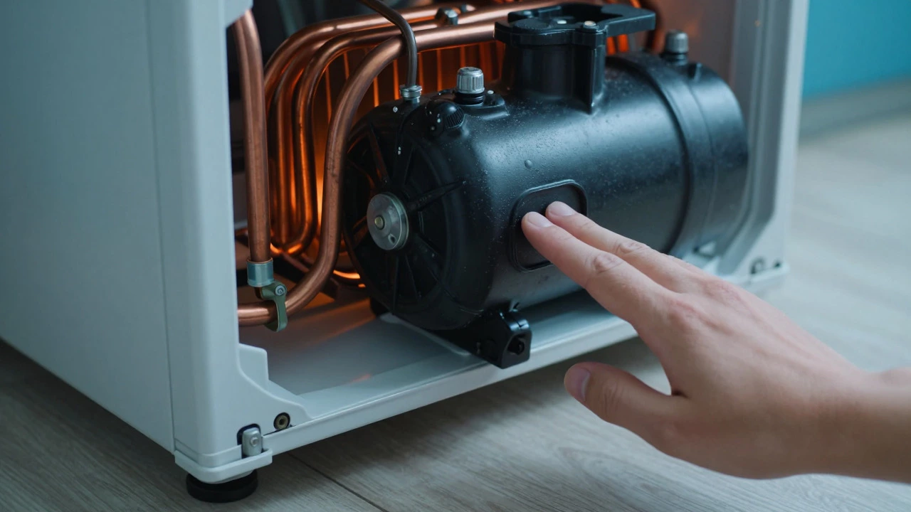Hand touching warm fridge compressor and coils