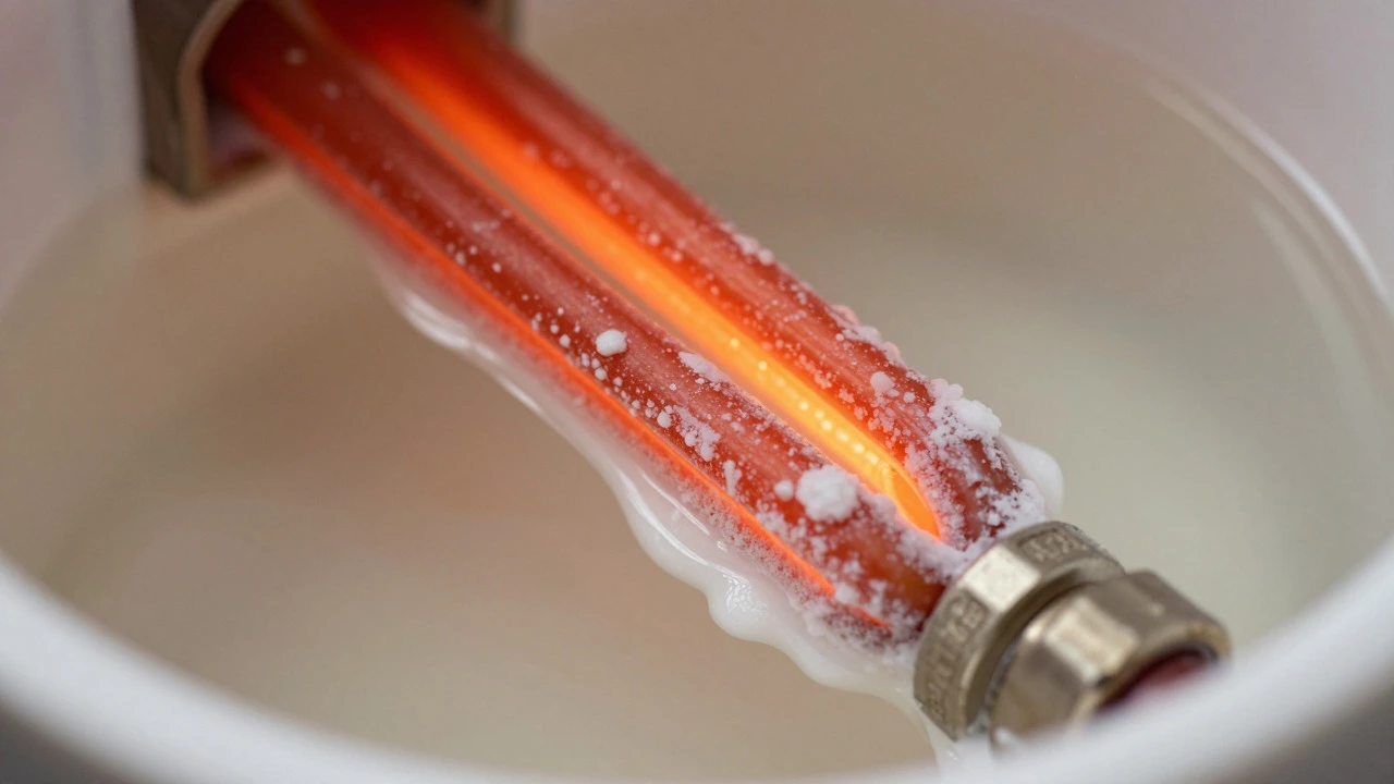 Heating element covered in white mineral sediment buildup inside tank