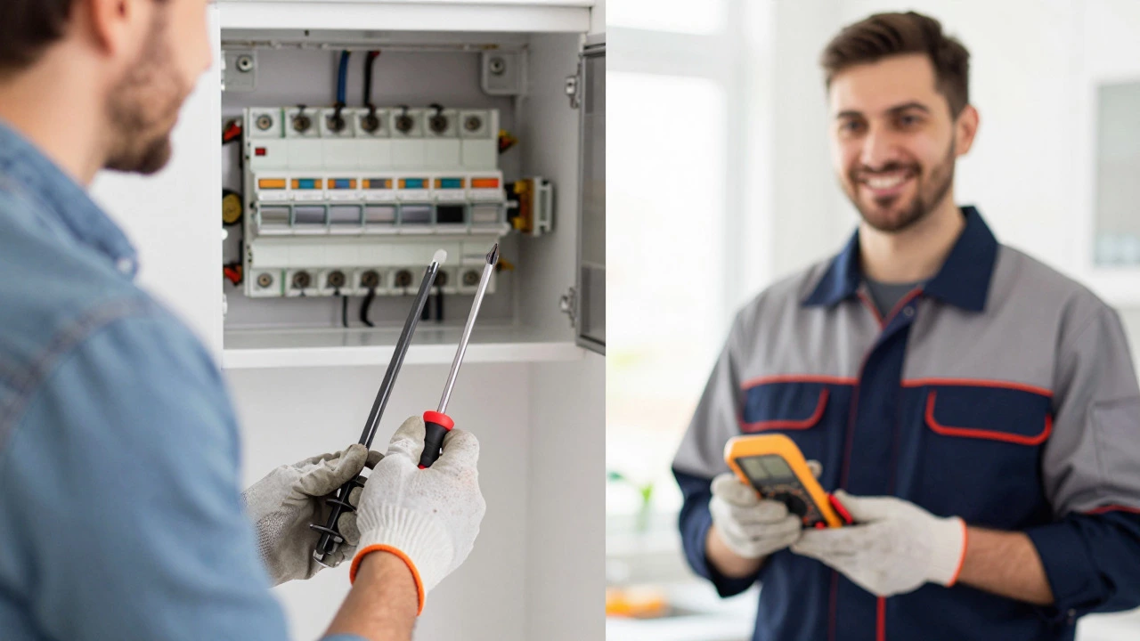 Homeowner with tools versus professional engineer deciding on oven repair method.