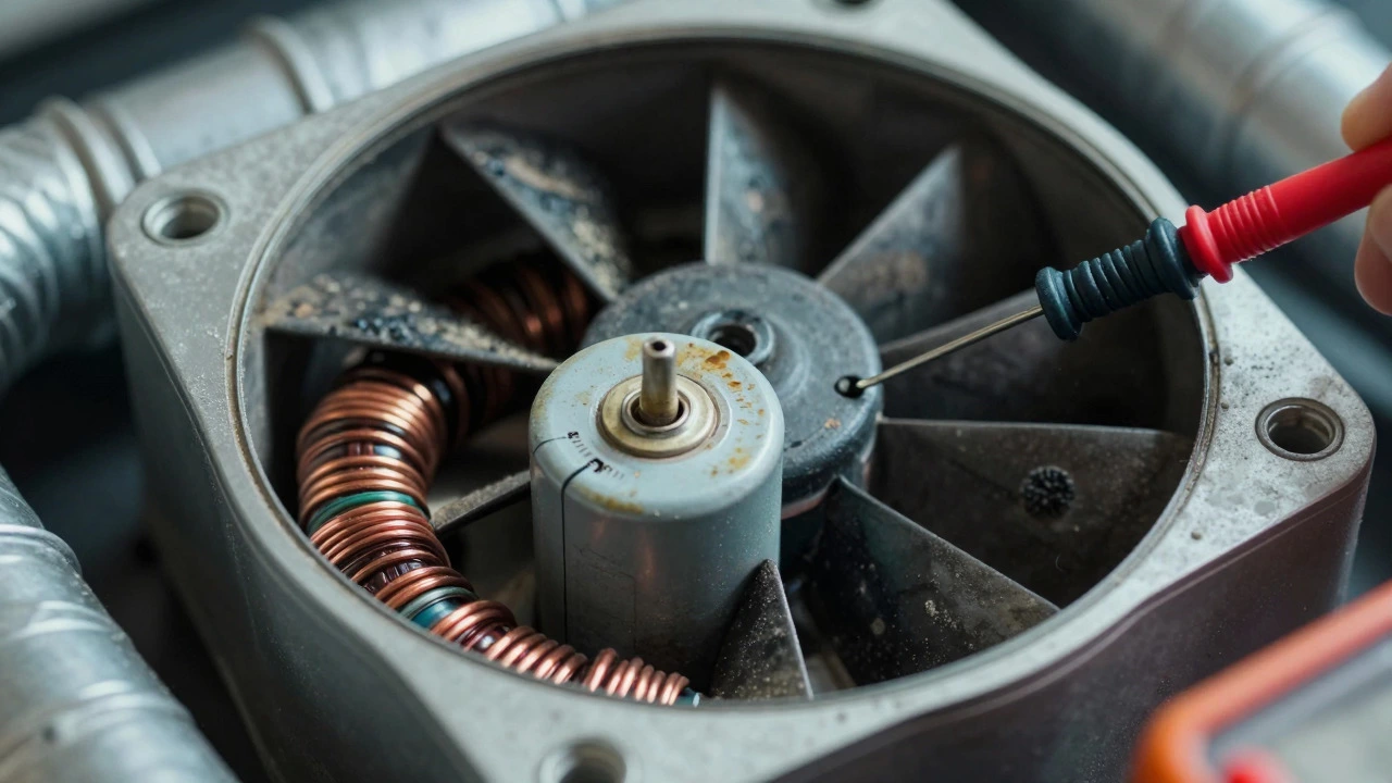 Multimeter testing a faulty capacitor inside a fan