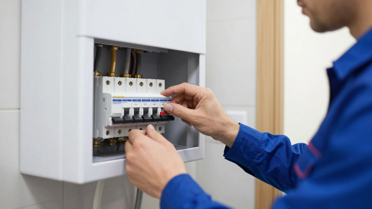 Plumber checking circuit breaker switch for water heater in fuse box
