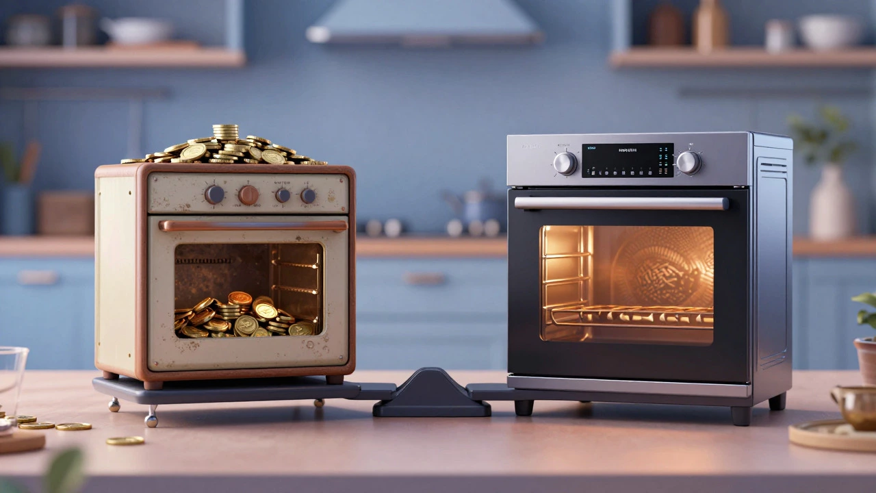 Scale balancing old oven repair costs against buying a new energy-efficient model.