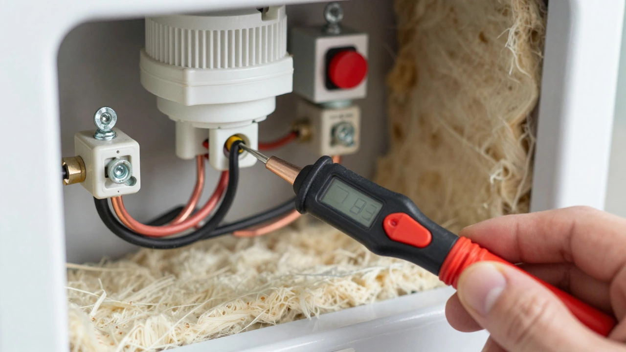 Voltage tester checking for power at water heater