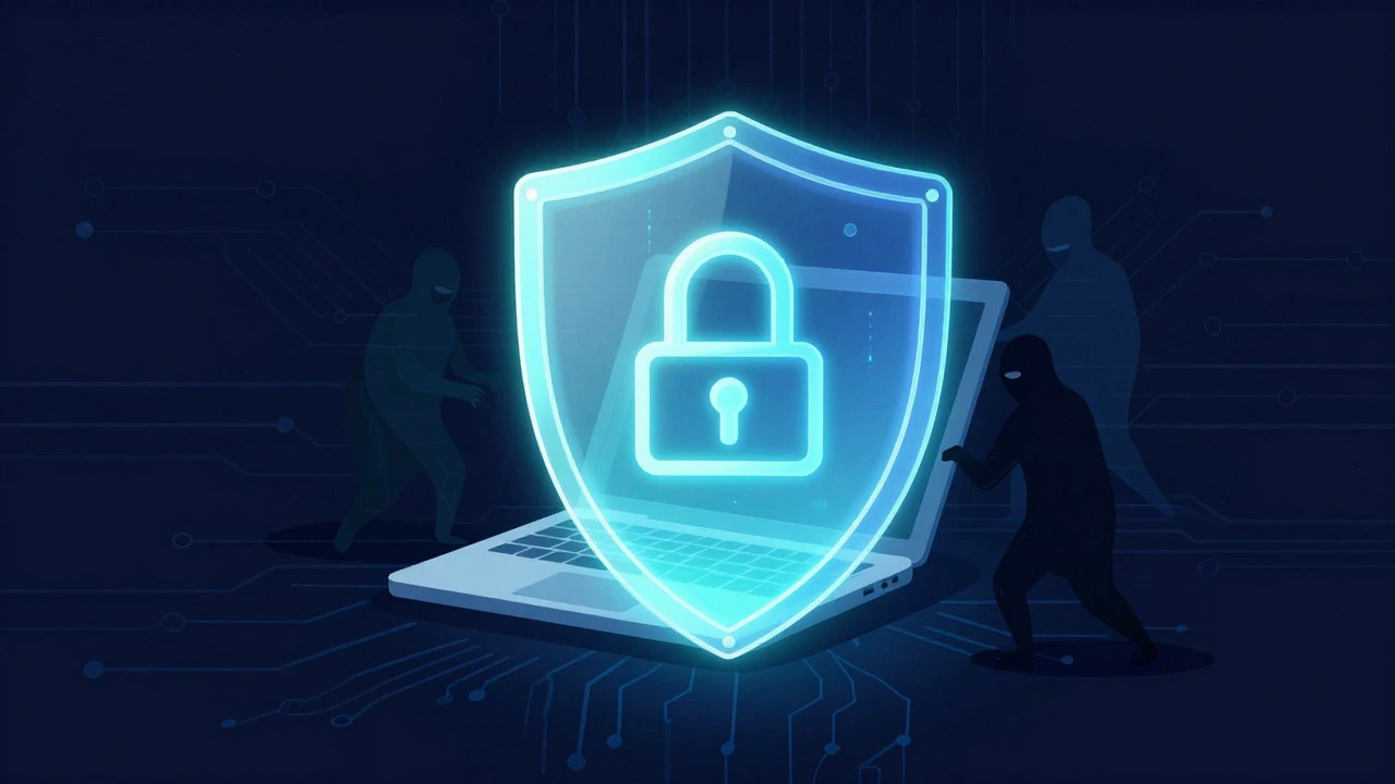 Abstract illustration of a digital shield protecting a laptop