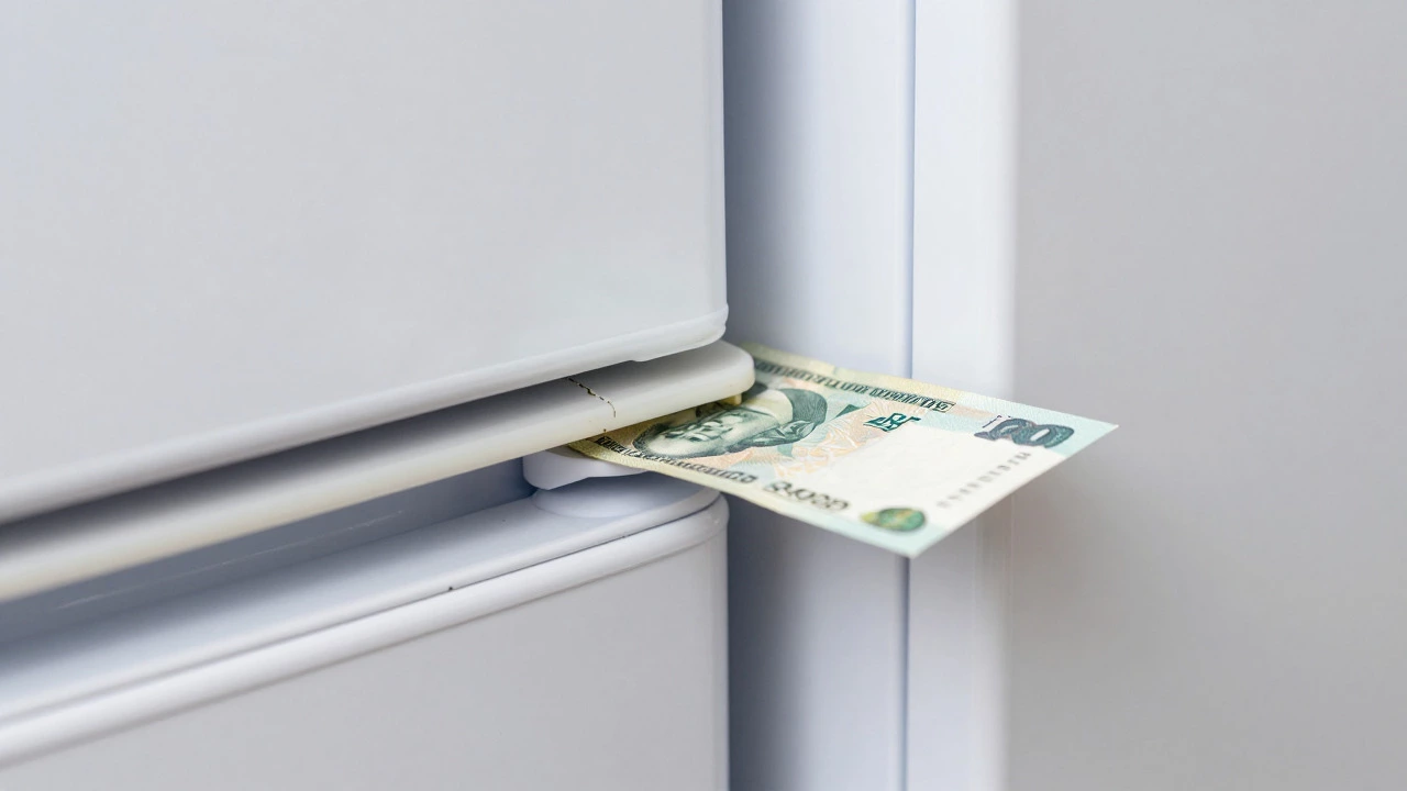 Banknote pulled easily from worn refrigerator door seal