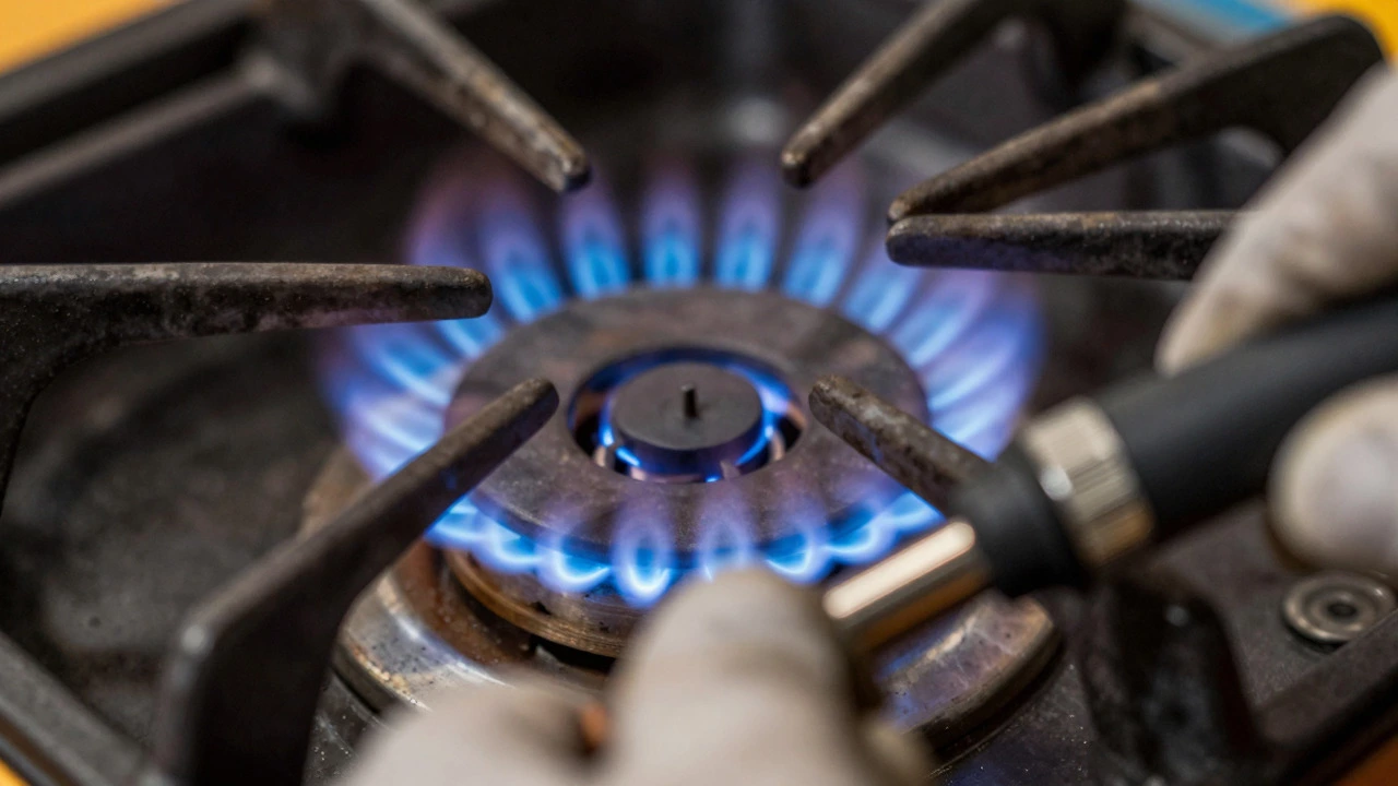 Close-up of a clean gas burner with a crisp blue flame