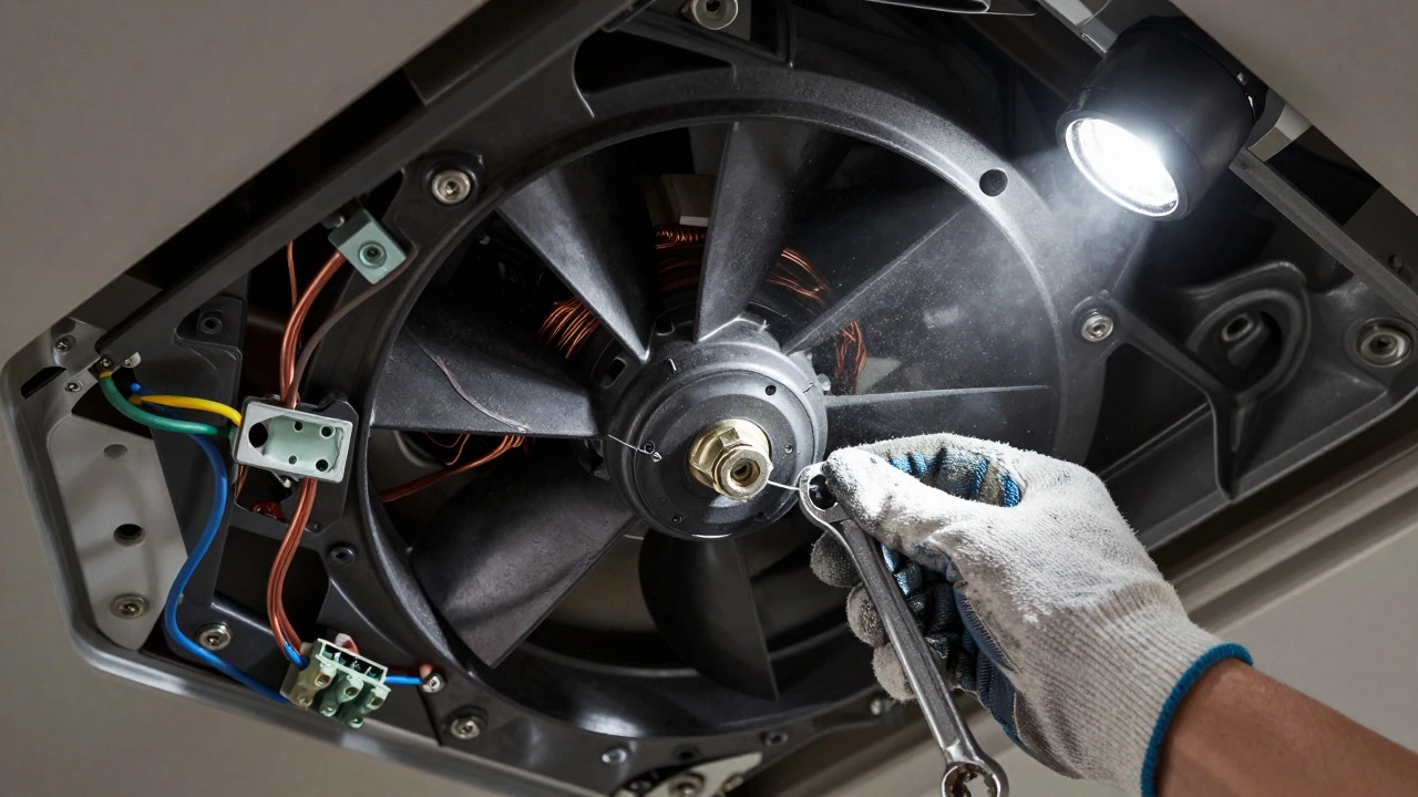 Close-up of hands removing an extractor fan impeller and motor
