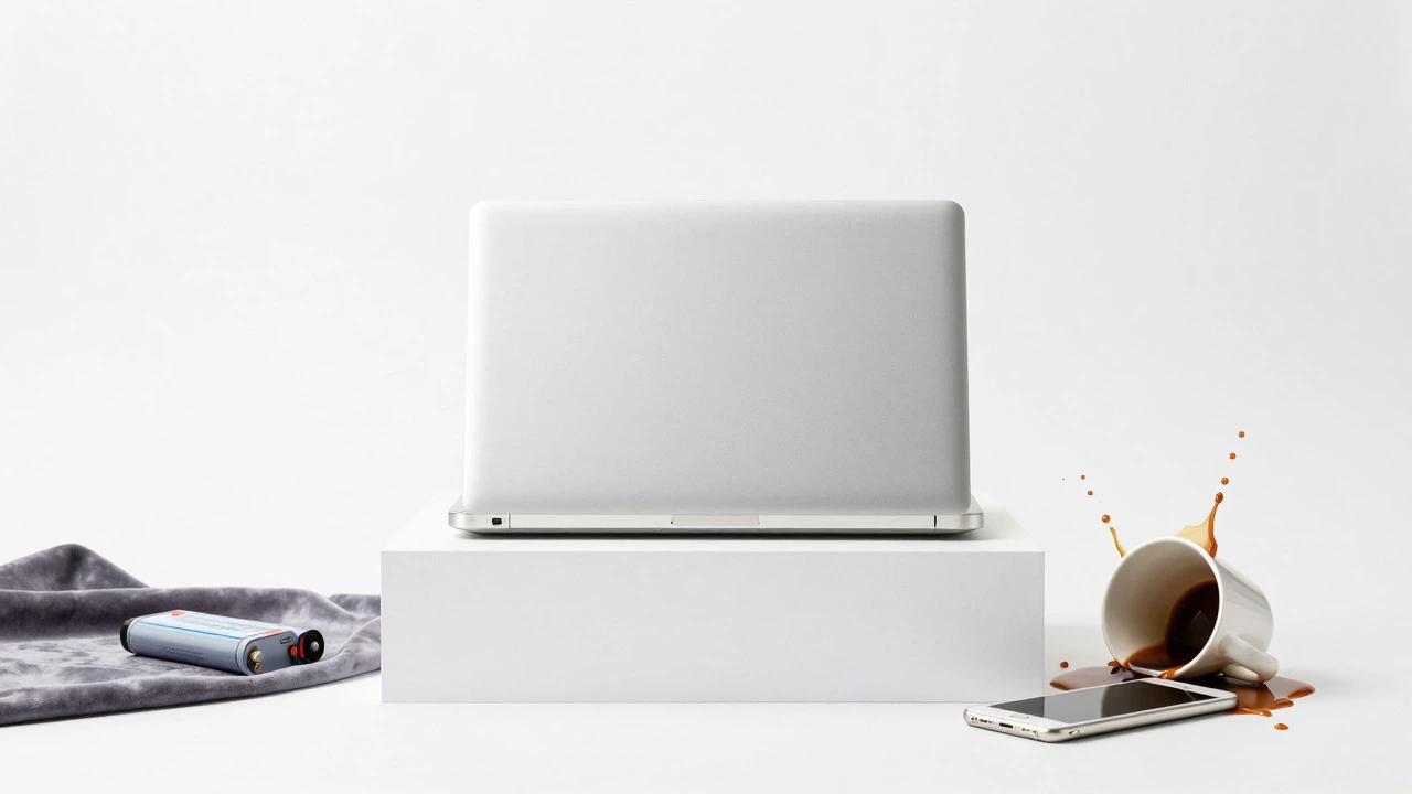 Conceptual image showing a new laptop box next to a spilled coffee cup