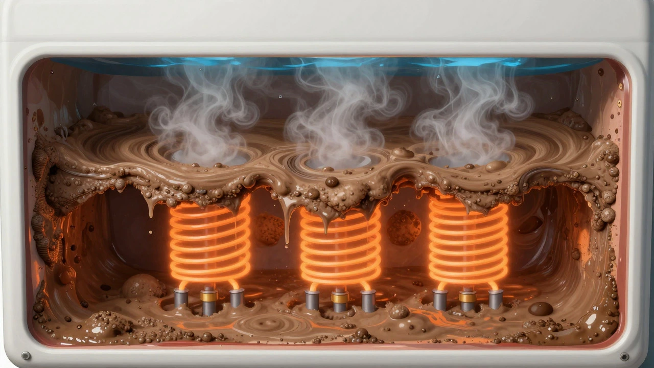 Cross-section of a water heater tank showing sediment buildup