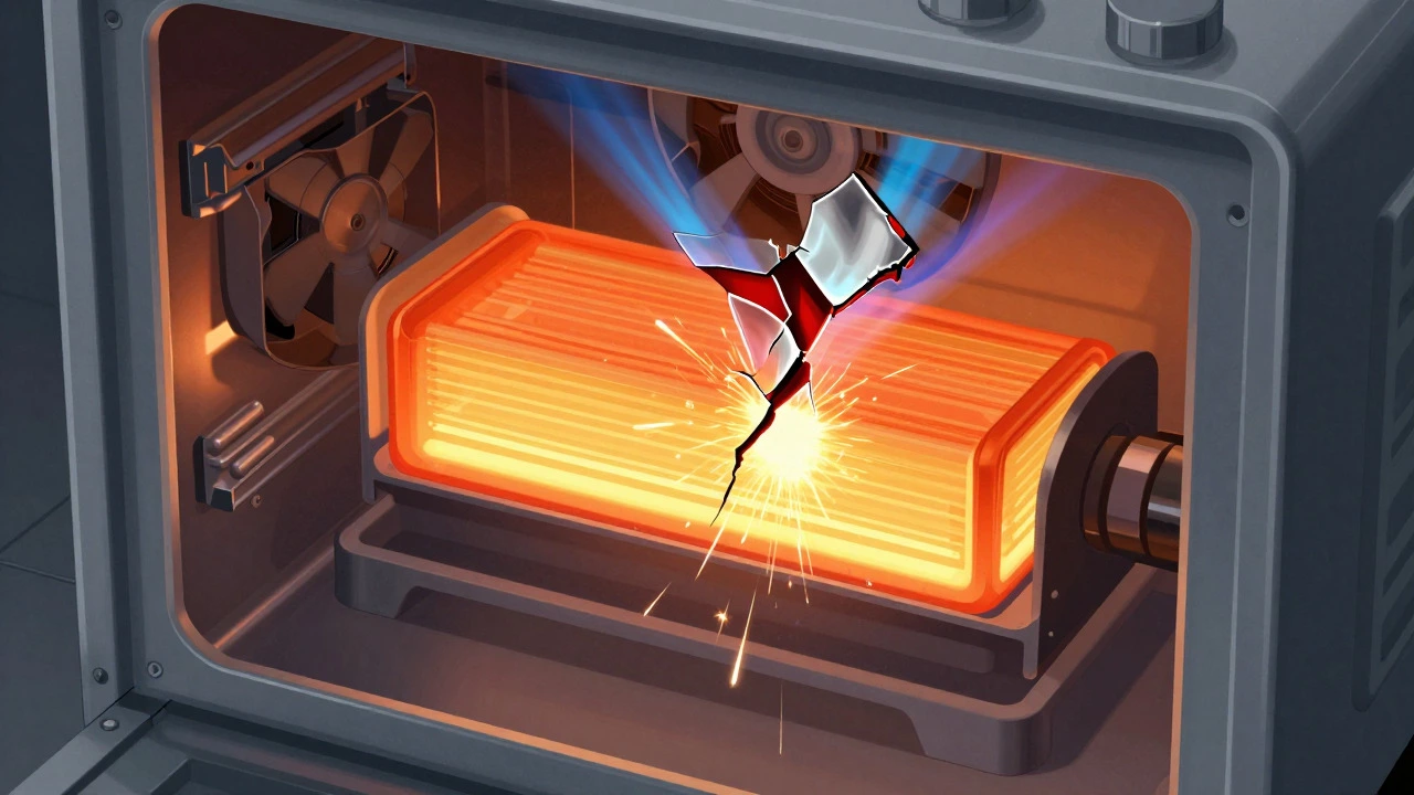 Cross-section of electric oven showing cracked heating element and sparks
