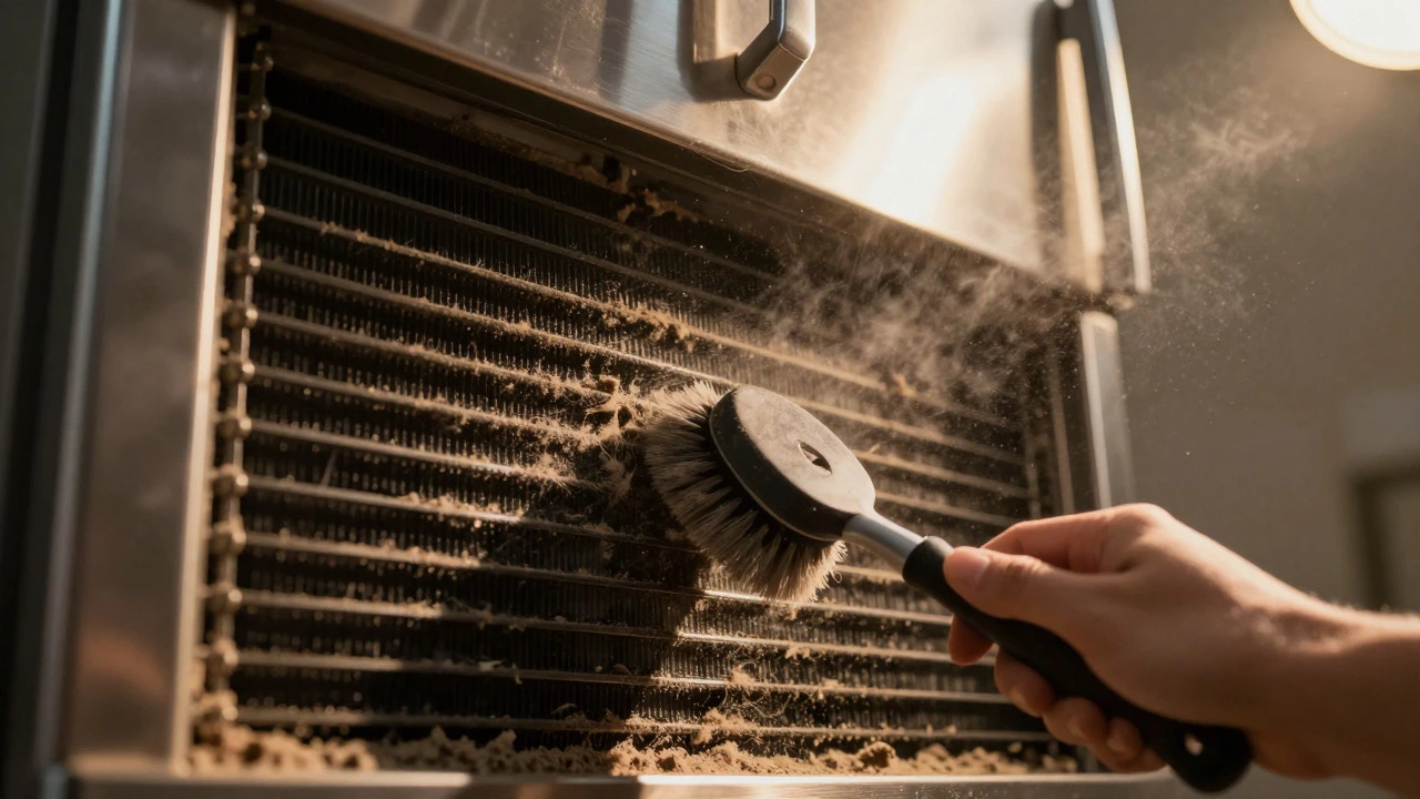 Dirty condenser coils on back of fridge being cleaned with brush