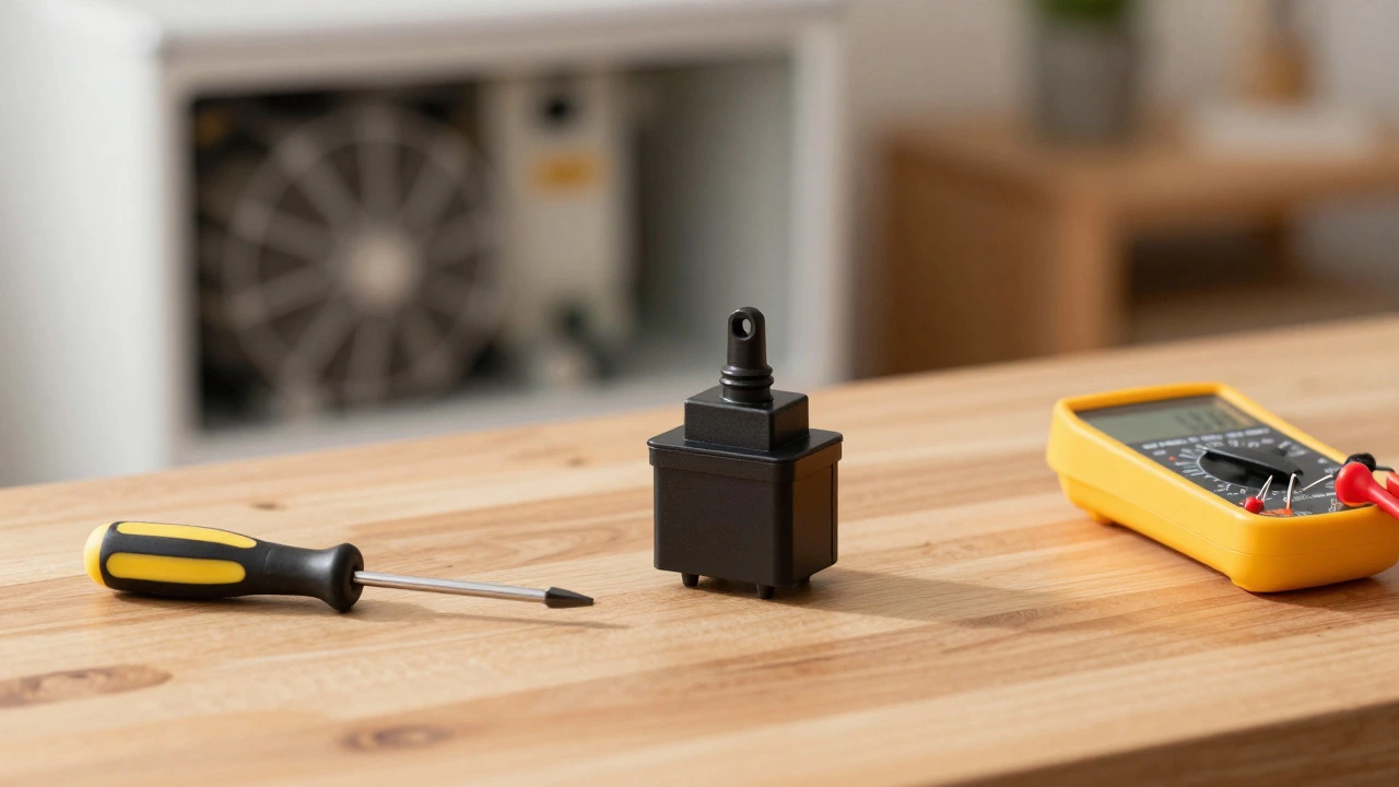 Disassembled start relay and tools on a workbench