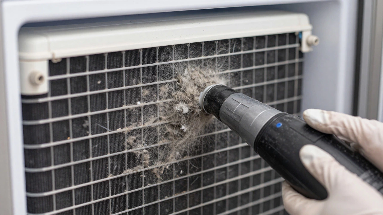 Hands vacuuming dust off refrigerator condenser coils