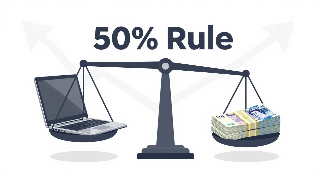 Illustration of a balance scale comparing laptop value against repair costs.