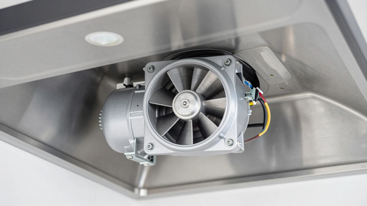 Newly installed extractor fan motor inside a clean stainless steel hood