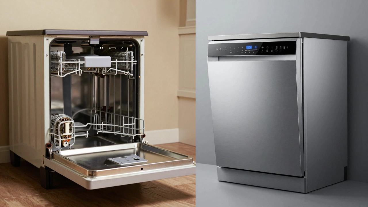 Old damaged dishwasher versus new modern replacement