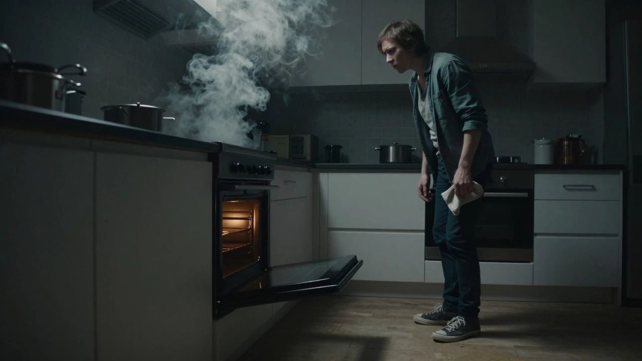 Person observing a smoking cooker with open oven door in a dim kitchen