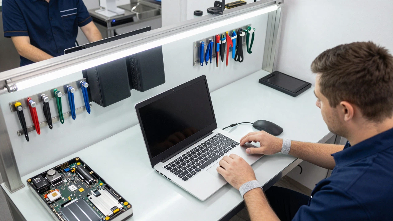 Technician repairing a laptop in a clean, transparent workshop
