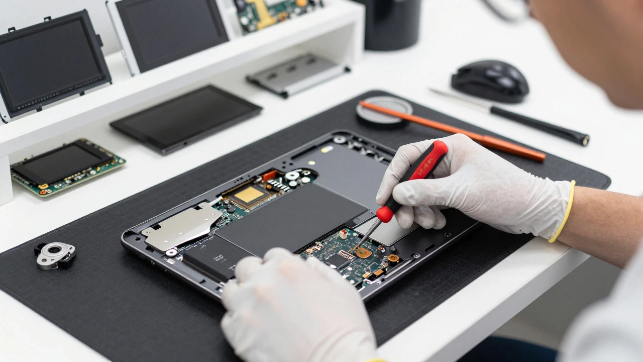 Technician repairing a laptop with precision tools on a workbench.