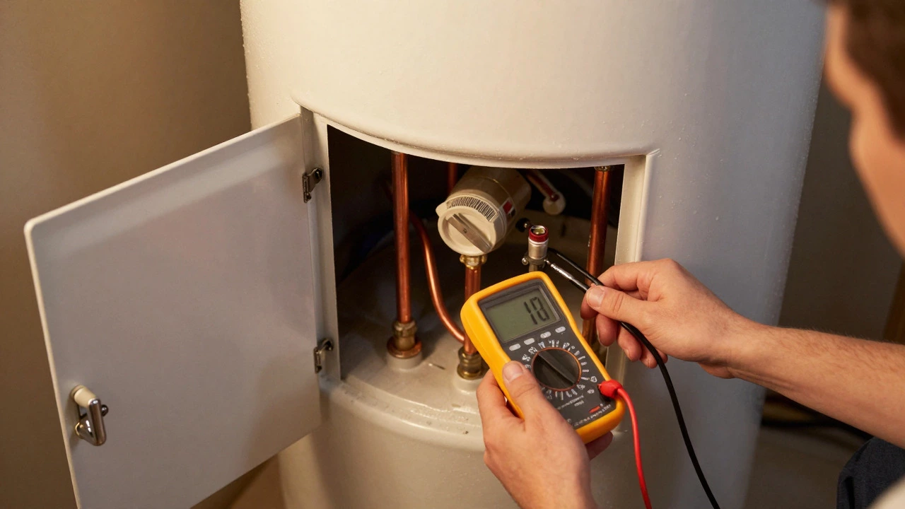 Technician testing a water heater heating element with a multimeter